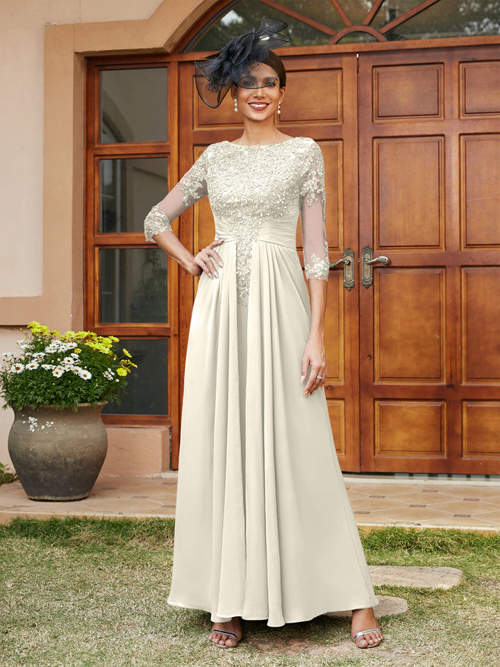 A-Line/Princess Long Evening Dresses with Lace Appliques &amp; Half Sleeves