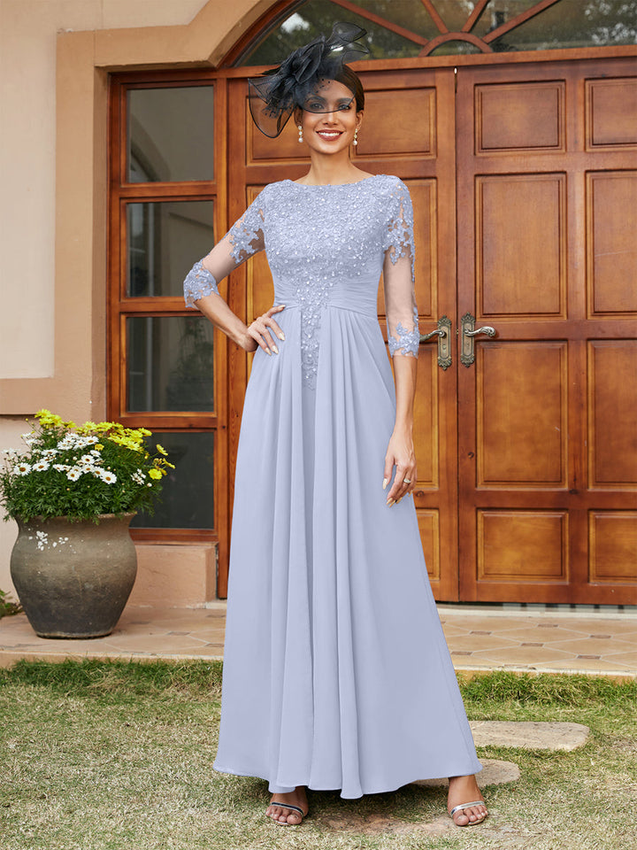A-Line/Princess Long Evening Dresses with Lace Appliques &amp; Half Sleeves