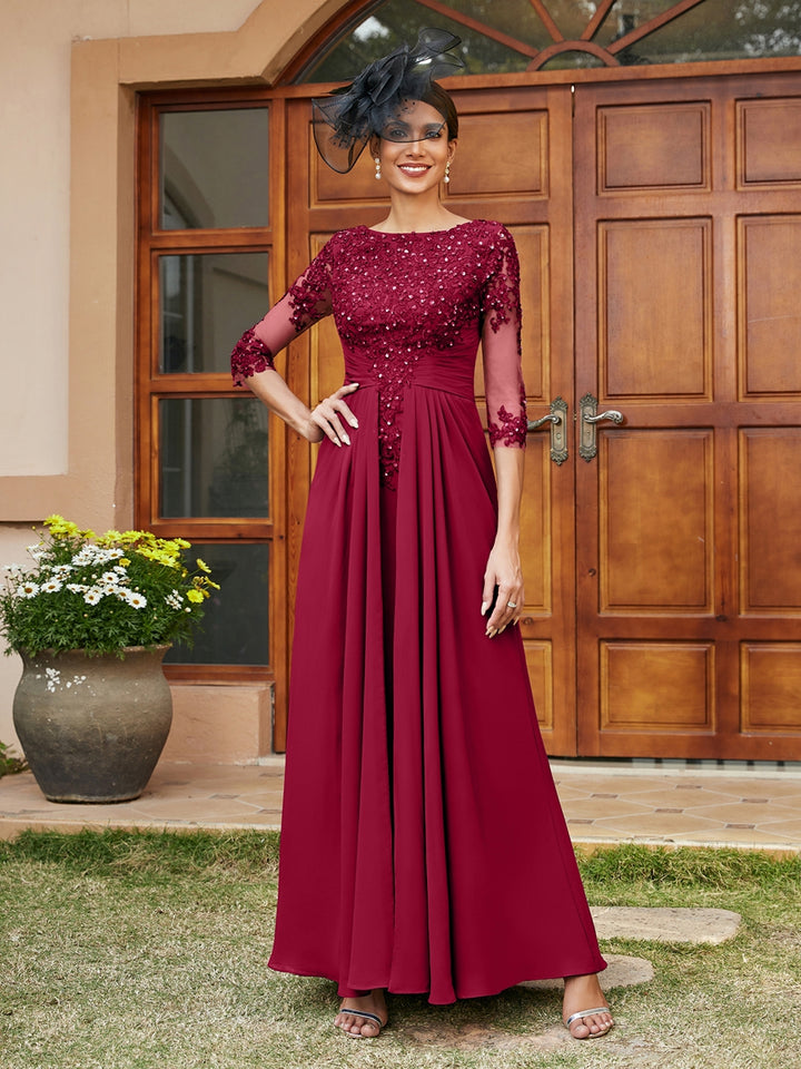 A-Line/Princess Long Evening Dresses with Lace Appliques &amp; Half Sleeves