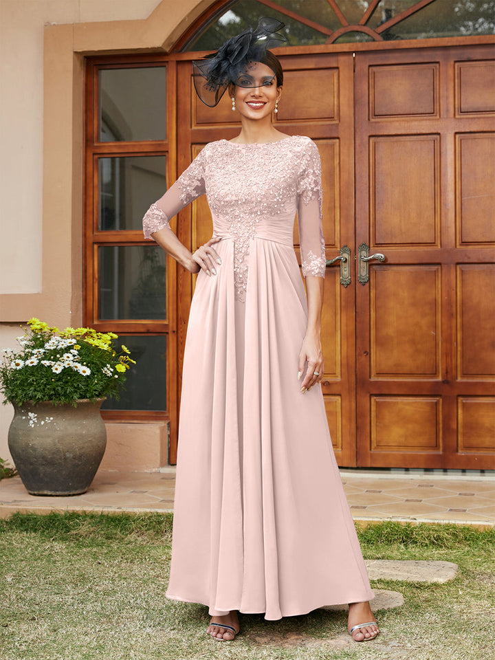 A-Line/Princess Long Evening Dresses with Lace Appliques &amp; Half Sleeves