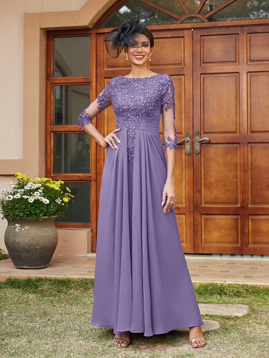 A-Line/Princess Long Evening Dresses with Lace Appliques &amp; Half Sleeves