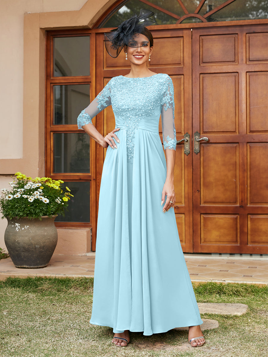 A-Line/Princess Long Evening Dresses with Lace Appliques &amp; Half Sleeves