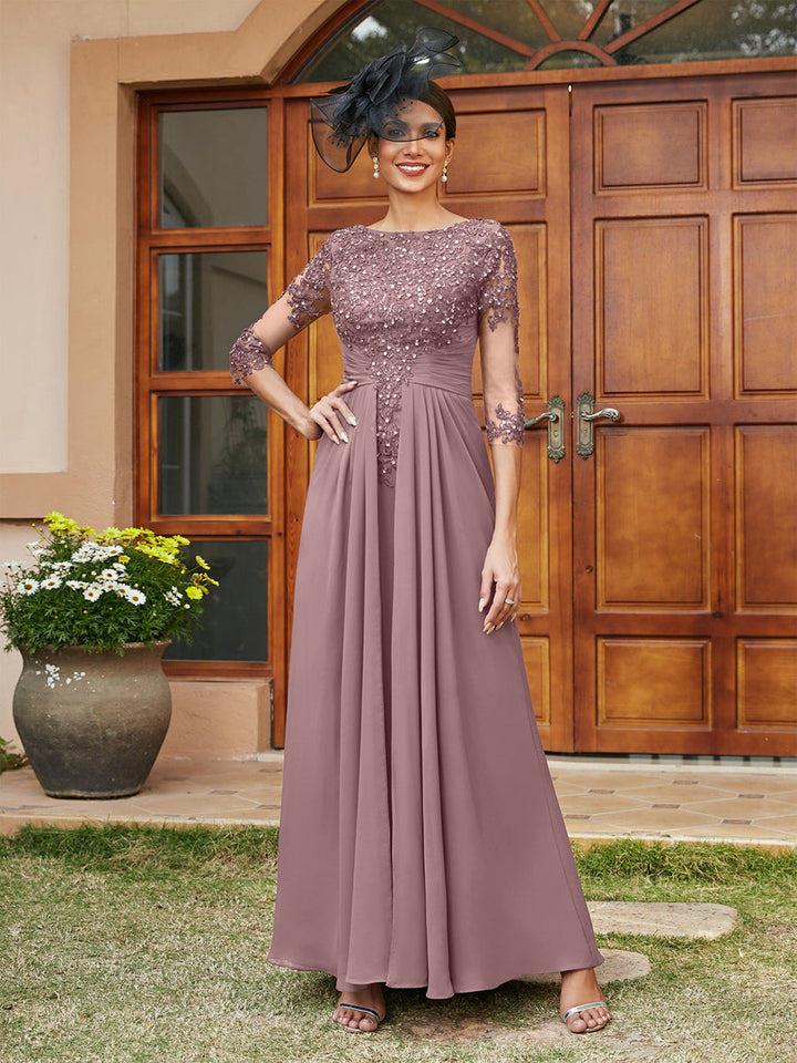 A-Line/Princess Long Evening Dresses with Lace Appliques &amp; Half Sleeves