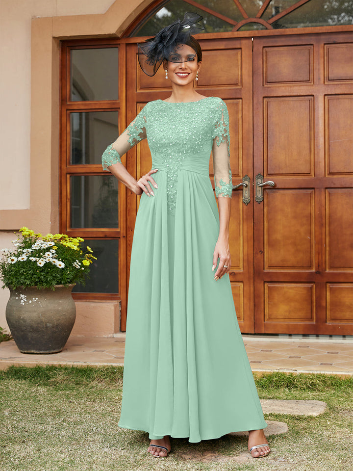 A-Line/Princess Long Evening Dresses with Lace Appliques &amp; Half Sleeves
