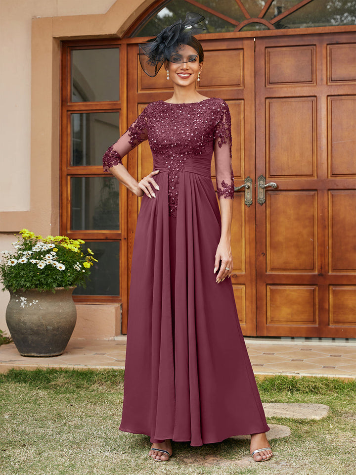 A-Line/Princess Long Evening Dresses with Lace Appliques &amp; Half Sleeves