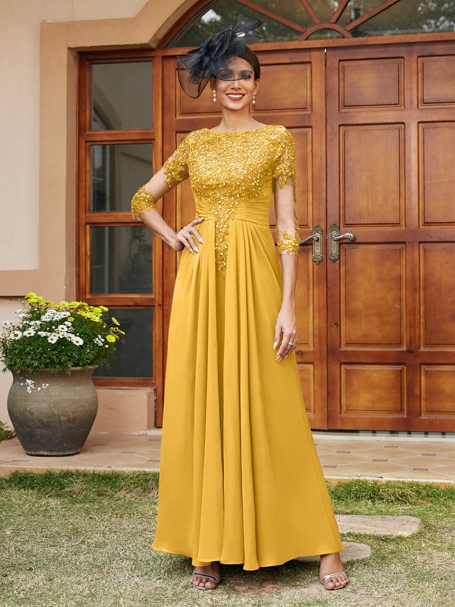 A-Line/Princess Long Evening Dresses with Lace Appliques &amp; Half Sleeves