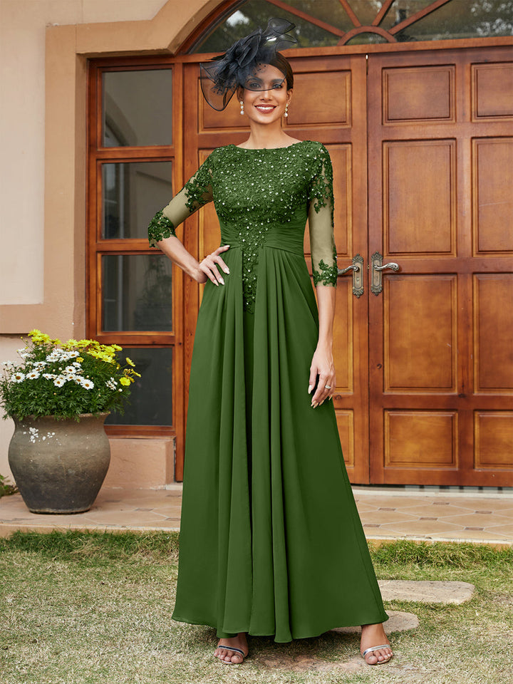 A-Line/Princess Long Evening Dresses with Lace Appliques &amp; Half Sleeves