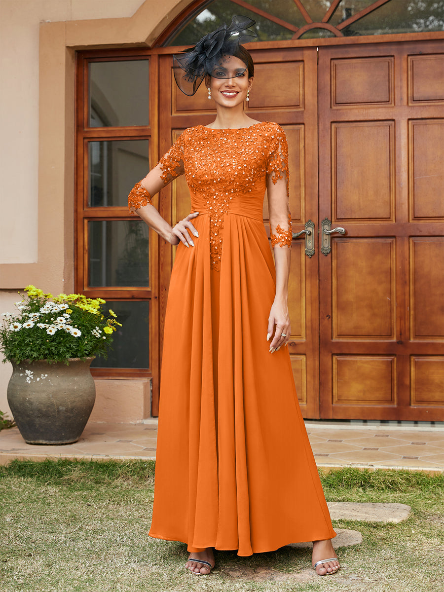 A-Line/Princess Long Evening Dresses with Lace Appliques &amp; Half Sleeves