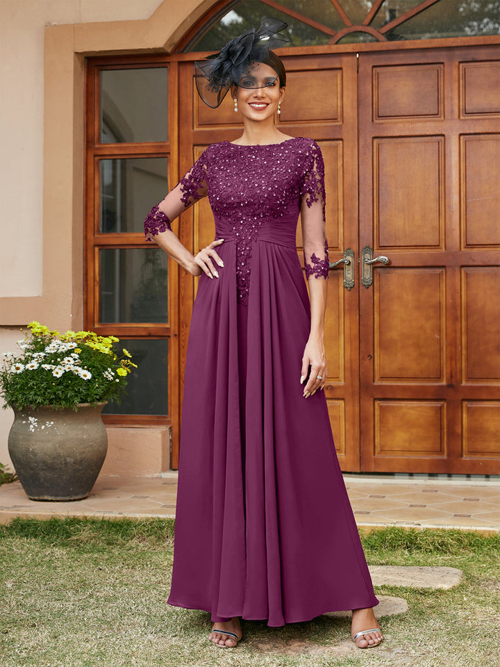 A-Line/Princess Long Evening Dresses with Lace Appliques &amp; Half Sleeves