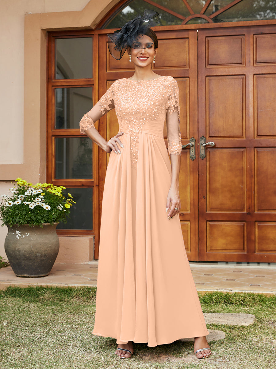 A-Line/Princess Long Evening Dresses with Lace Appliques &amp; Half Sleeves