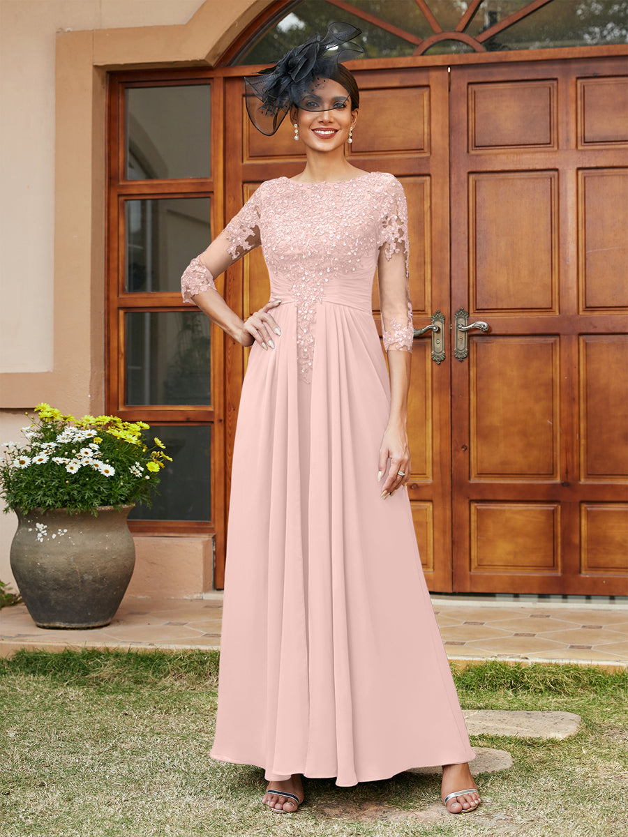 A-Line/Princess Long Evening Dresses with Lace Appliques &amp; Half Sleeves