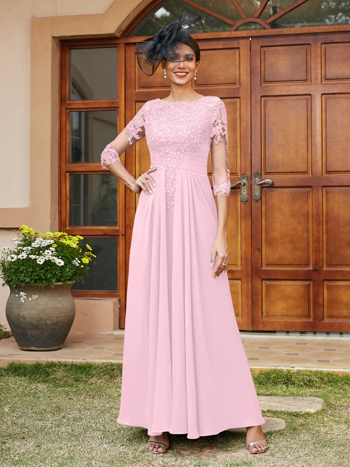 A-Line/Princess Long Evening Dresses with Lace Appliques &amp; Half Sleeves
