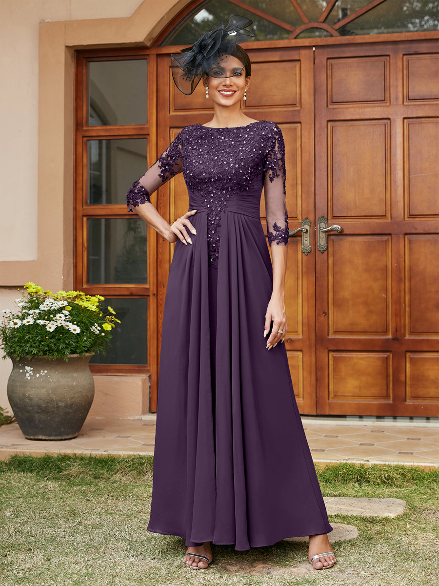 A-Line/Princess Long Evening Dresses with Lace Appliques &amp; Half Sleeves