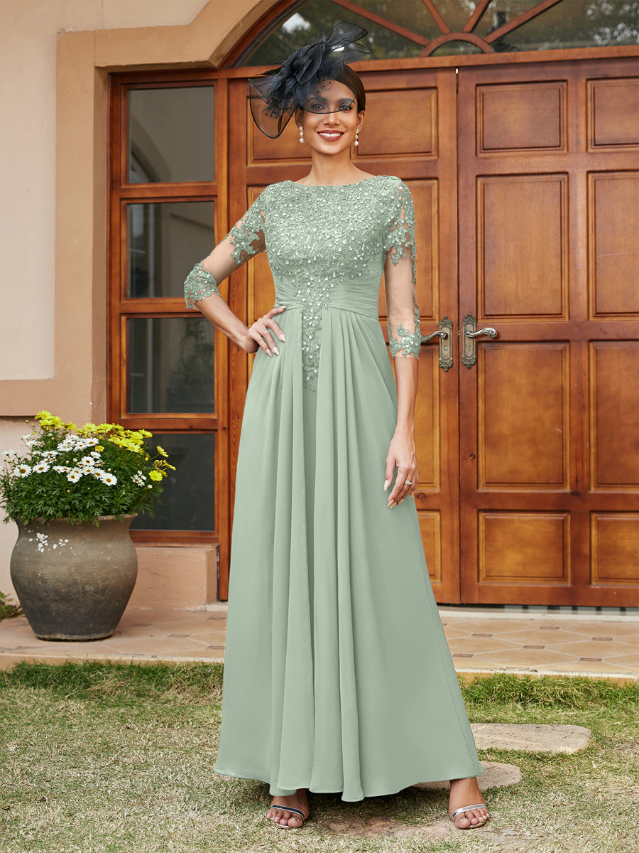 A-Line/Princess Long Evening Dresses with Lace Appliques &amp; Half Sleeves