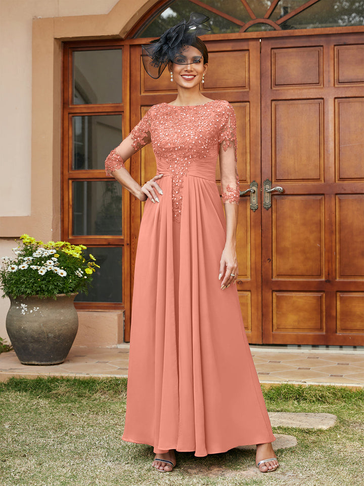 A-Line/Princess Long Evening Dresses with Lace Appliques &amp; Half Sleeves