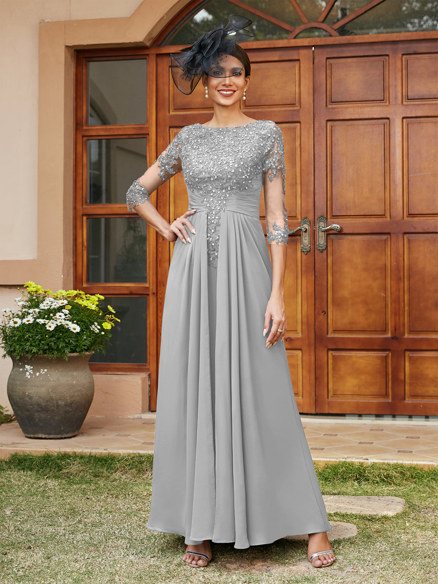 A-Line/Princess Long Evening Dresses with Lace Appliques &amp; Half Sleeves