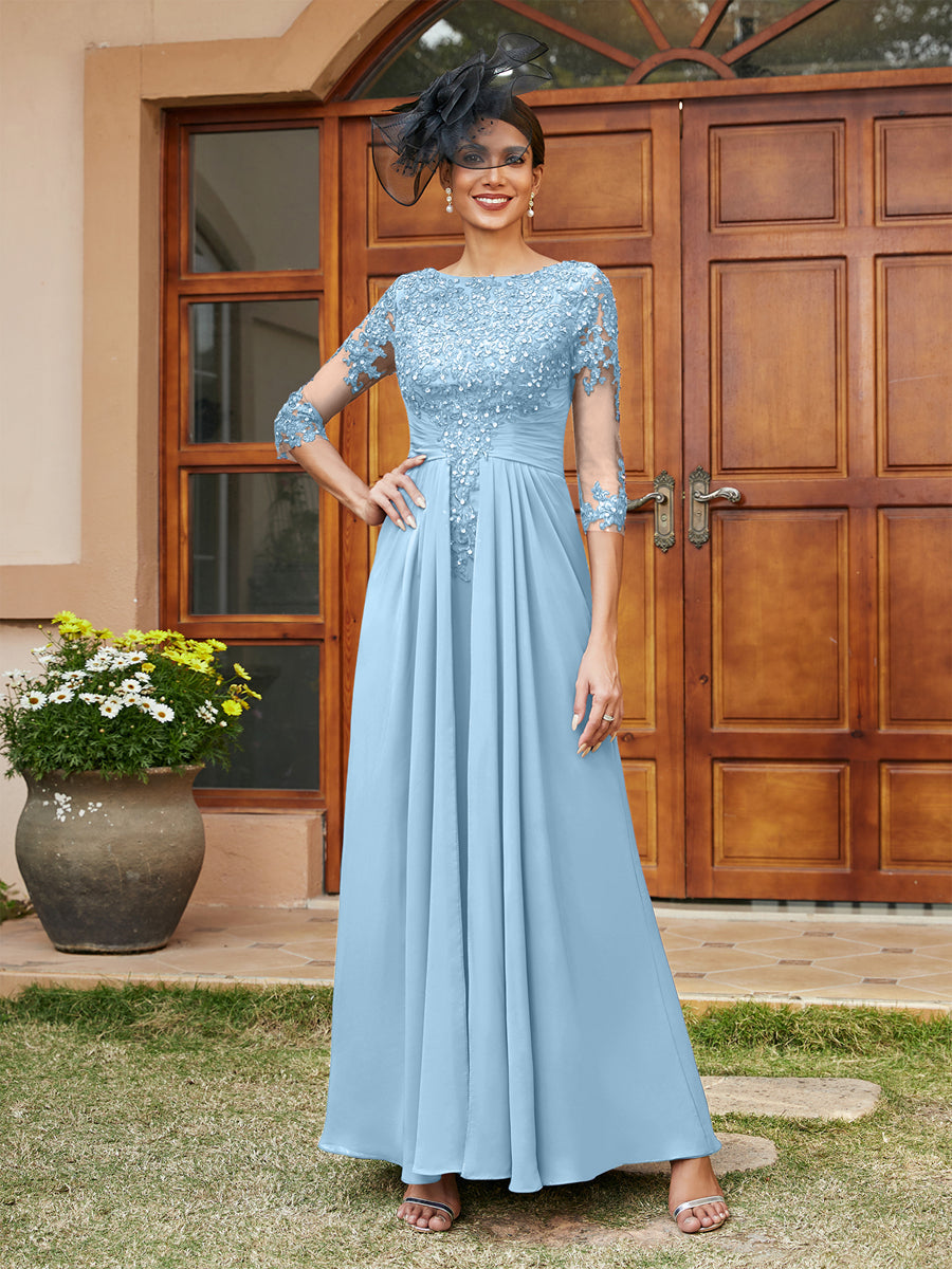 A-Line/Princess Long Evening Dresses with Lace Appliques &amp; Half Sleeves
