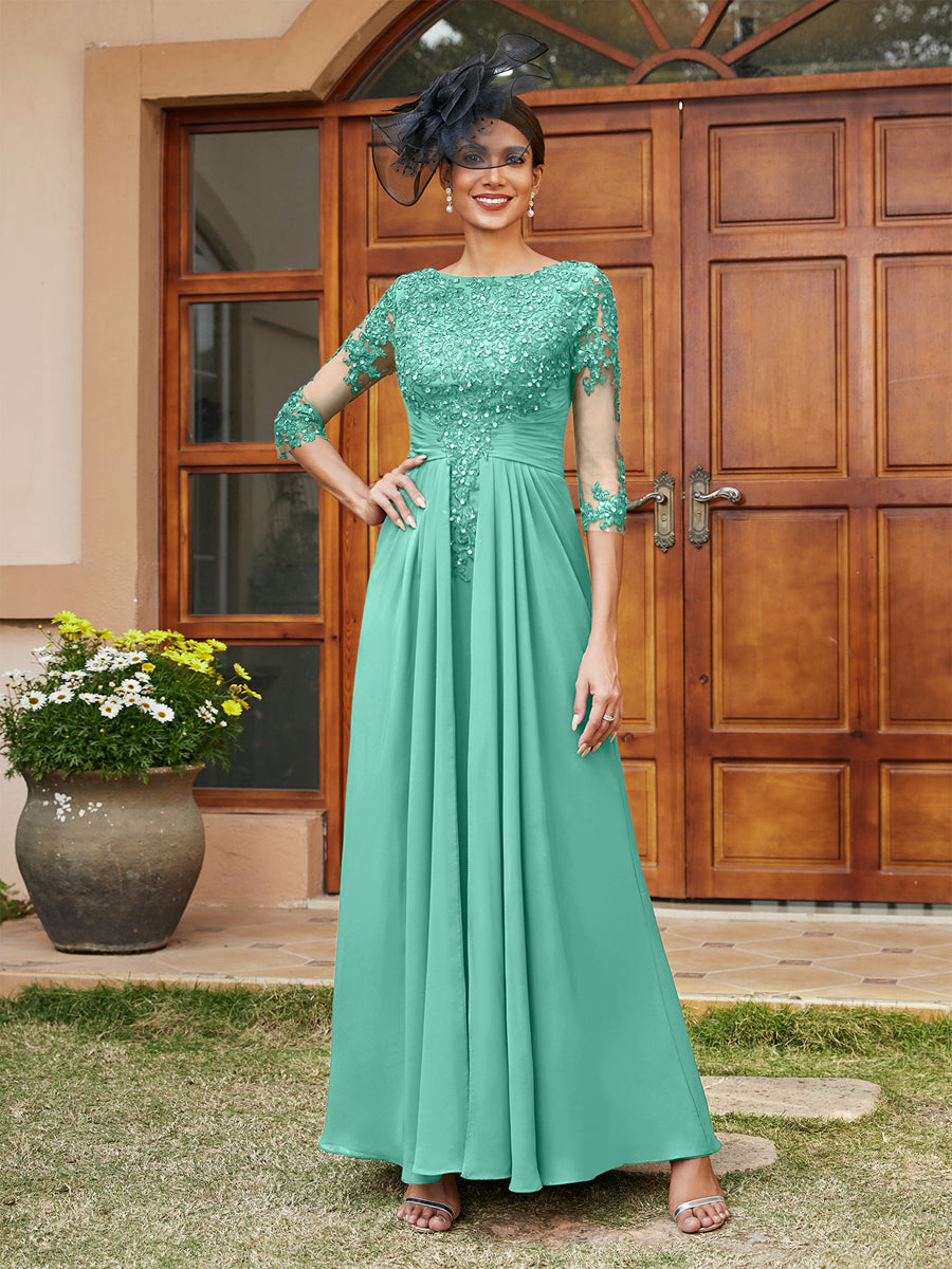 A-Line/Princess Long Evening Dresses with Lace Appliques &amp; Half Sleeves