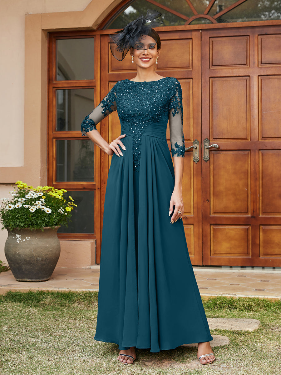 A-Line/Princess Long Evening Dresses with Lace Appliques &amp; Half Sleeves