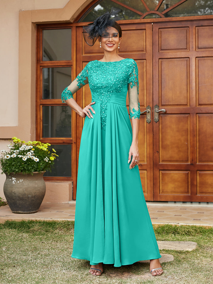 A-Line/Princess Long Evening Dresses with Lace Appliques &amp; Half Sleeves