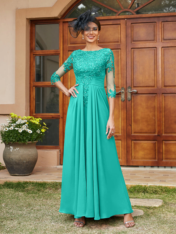 A-Line/Princess Long Evening Dresses with Lace Appliques &amp; Half Sleeves