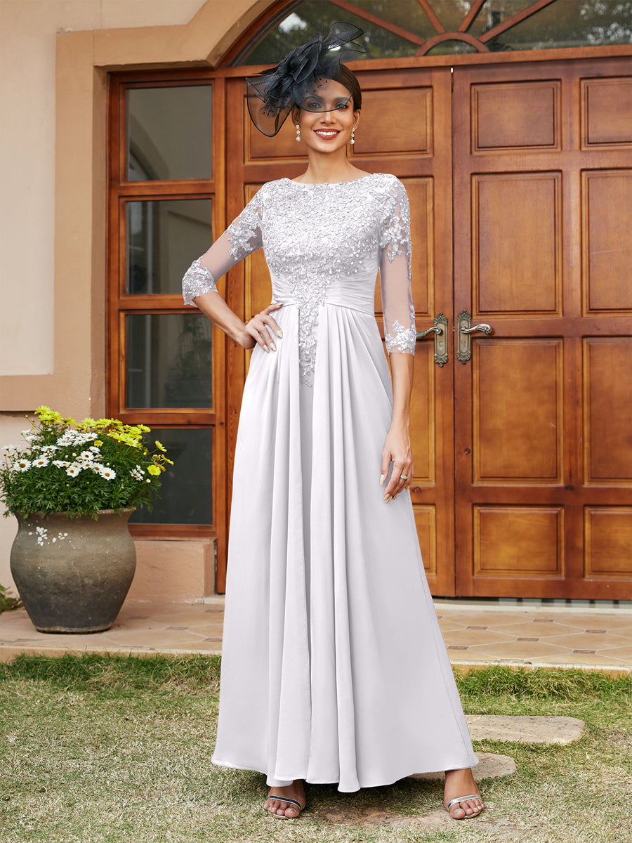 A-Line/Princess Long Evening Dresses with Lace Appliques &amp; Half Sleeves