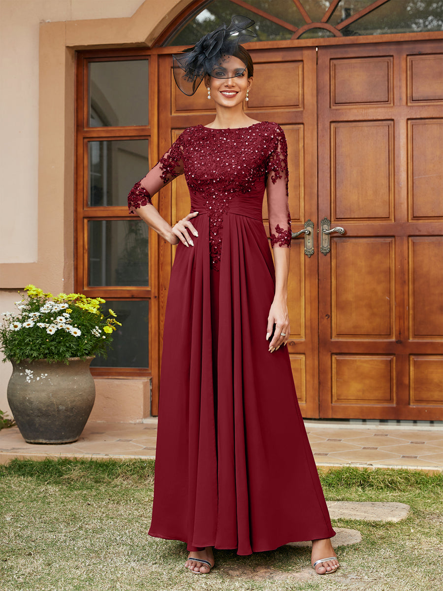 A-Line/Princess Long Evening Dresses with Lace Appliques &amp; Half Sleeves