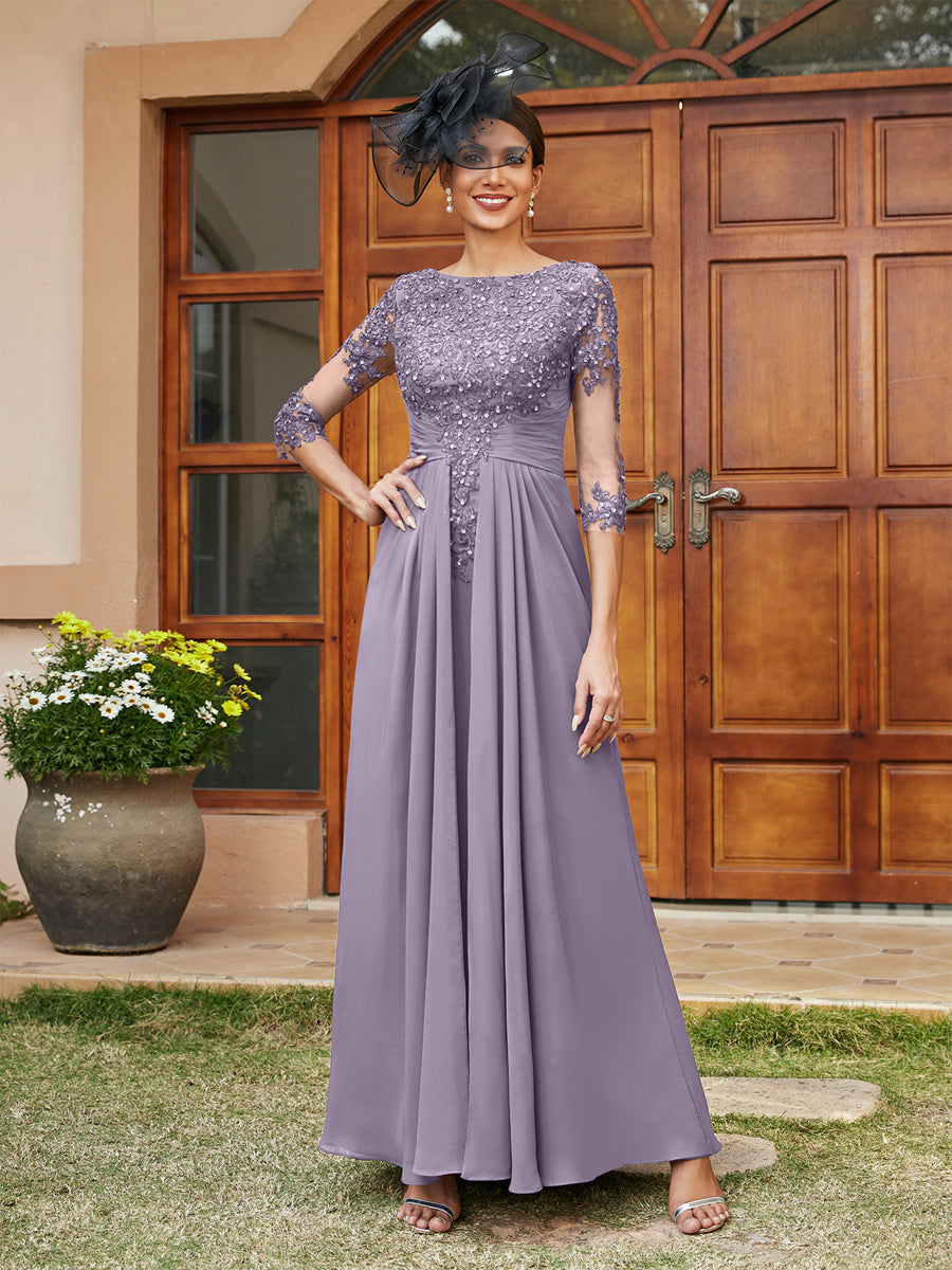 A-Line/Princess Long Evening Dresses with Lace Appliques &amp; Half Sleeves
