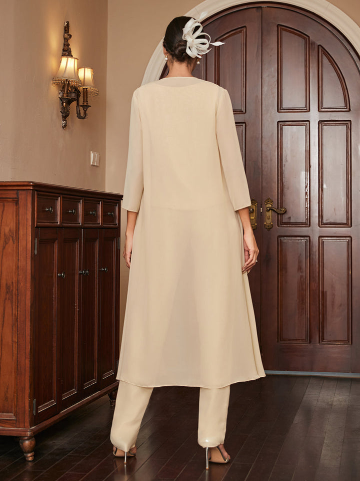 Chiffon Scoop 3/4 Sleeves 3 Pieces Pantsuits with Sequins &amp; Jacket