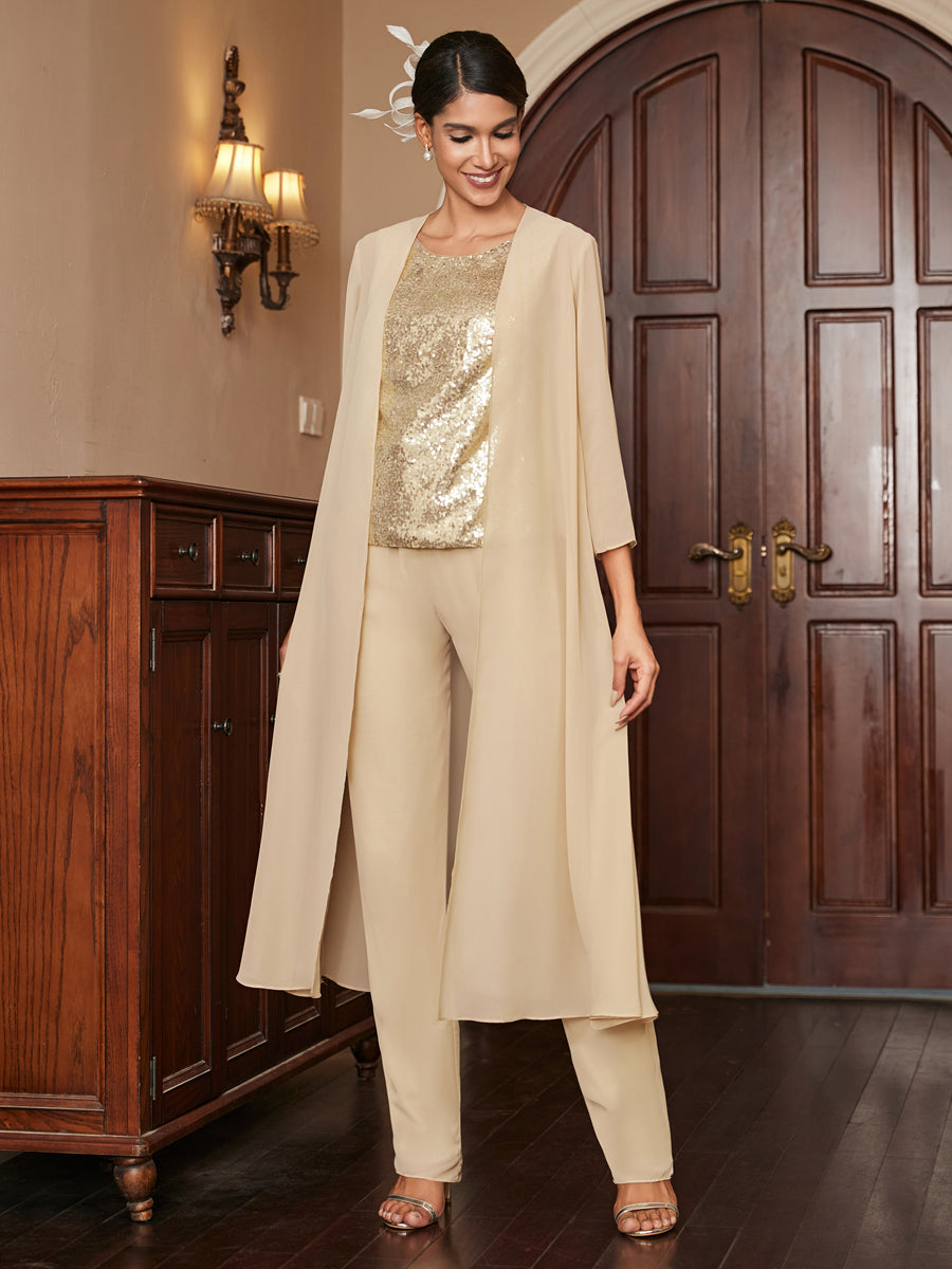 Chiffon Scoop 3/4 Sleeves 3 Pieces Pantsuits with Sequins &amp; Jacket