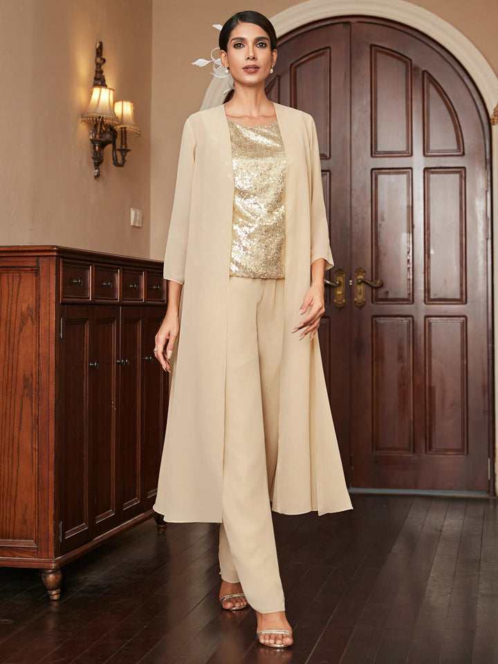Chiffon Scoop 3/4 Sleeves 3 Pieces Pantsuits with Sequins &amp; Jacket