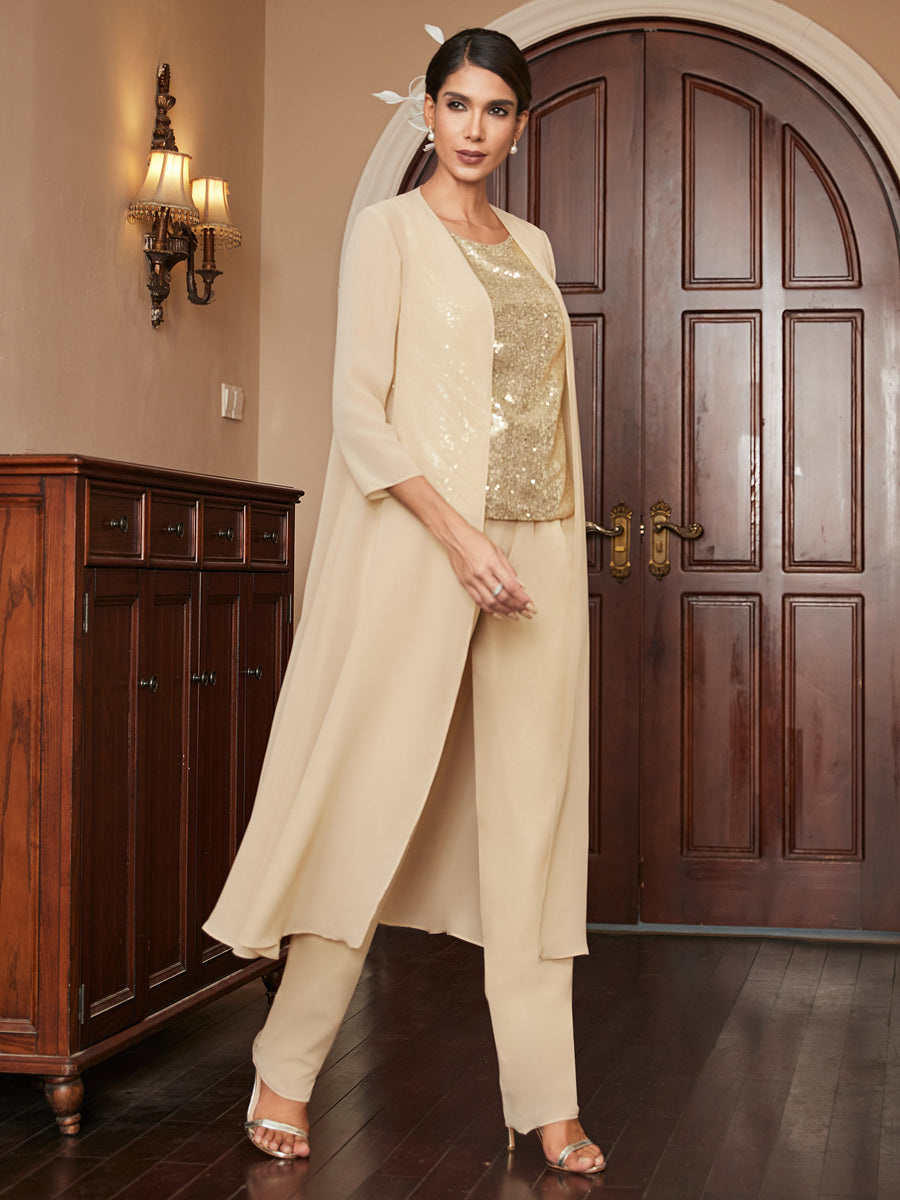Chiffon Scoop 3/4 Sleeves 3 Pieces Pantsuits with Sequins &amp; Jacket