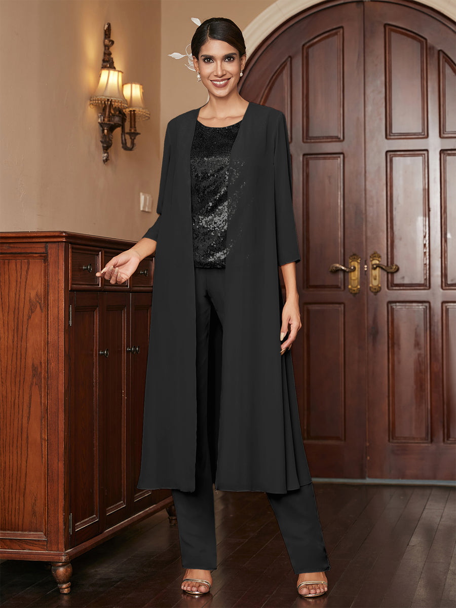 Chiffon Scoop 3/4 Sleeves 3 Pieces Pantsuits with Sequins &amp; Jacket