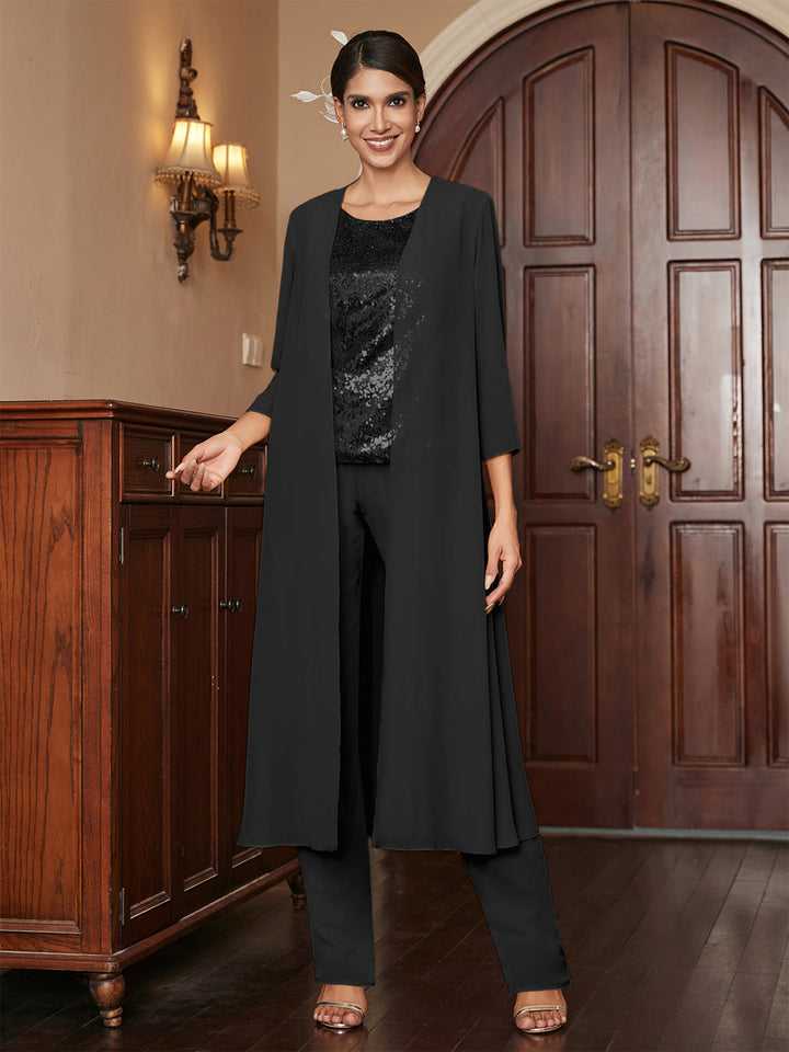 Chiffon Scoop 3/4 Sleeves 3 Pieces Pantsuits with Sequins &amp; Jacket
