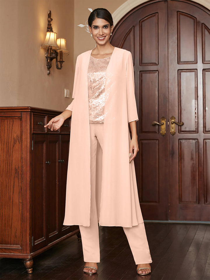 Chiffon Scoop 3/4 Sleeves 3 Pieces Pantsuits with Sequins &amp; Jacket