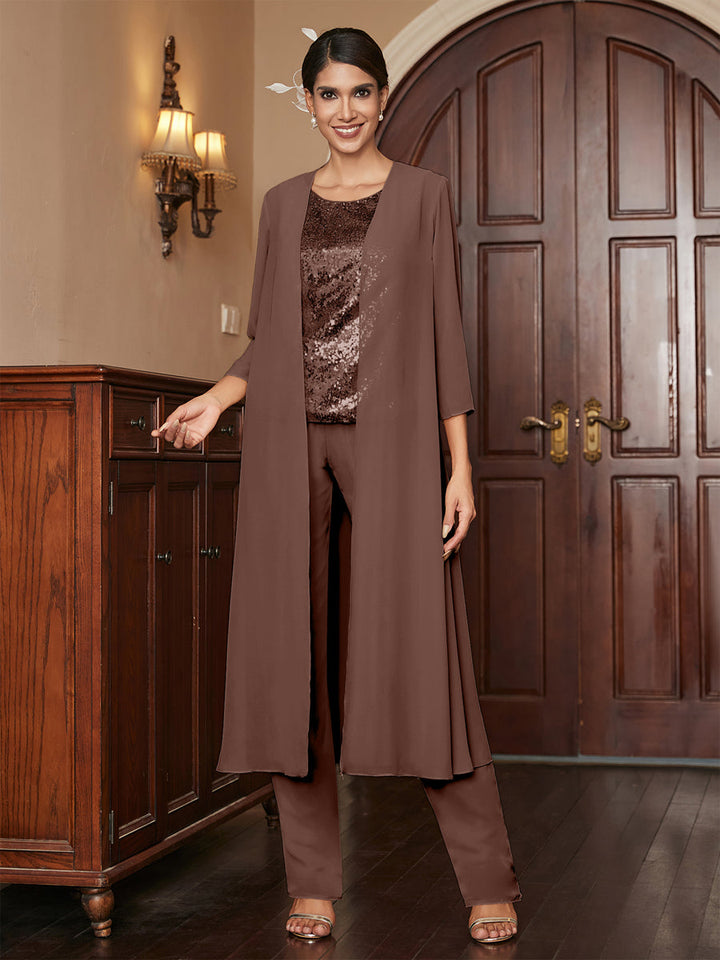 Chiffon Scoop 3/4 Sleeves 3 Pieces Pantsuits with Sequins &amp; Jacket