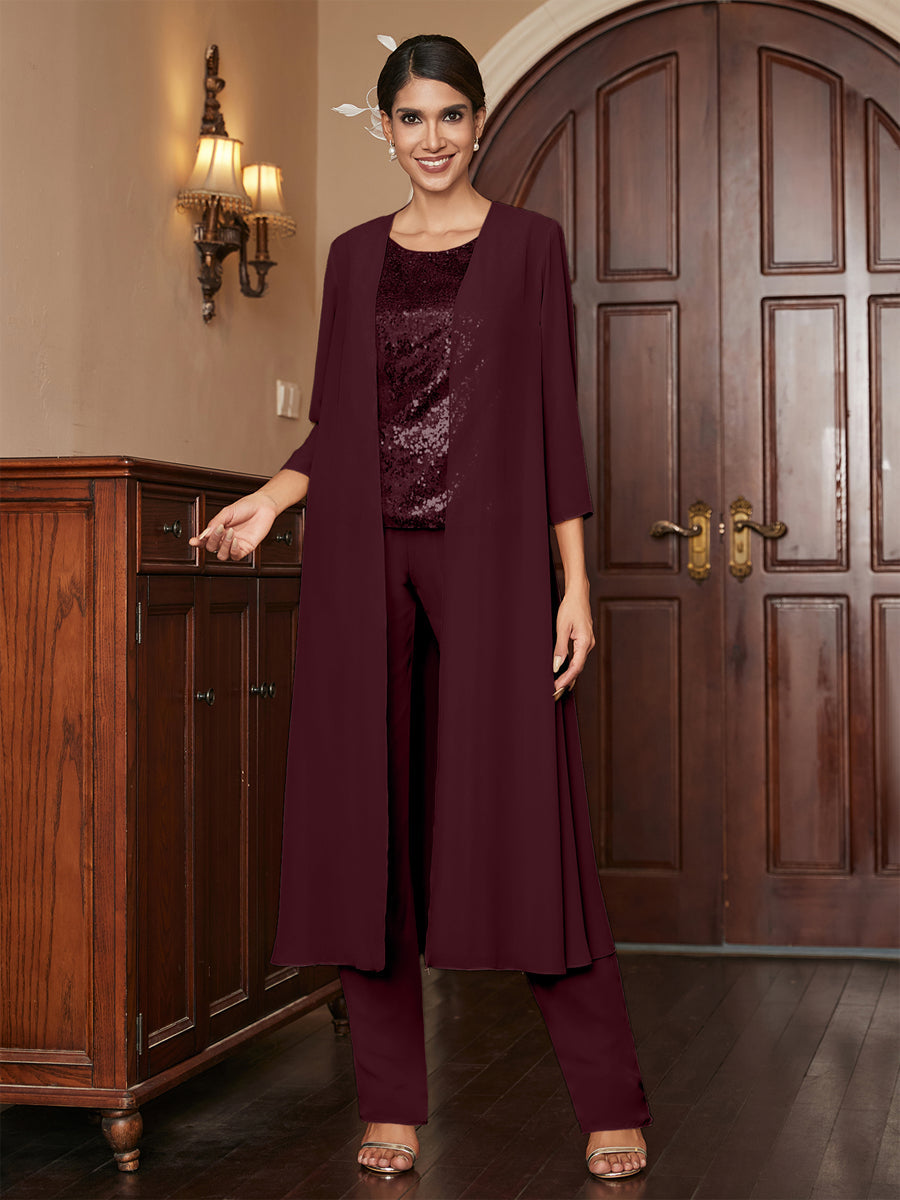 Chiffon Scoop 3/4 Sleeves 3 Pieces Pantsuits with Sequins &amp; Jacket