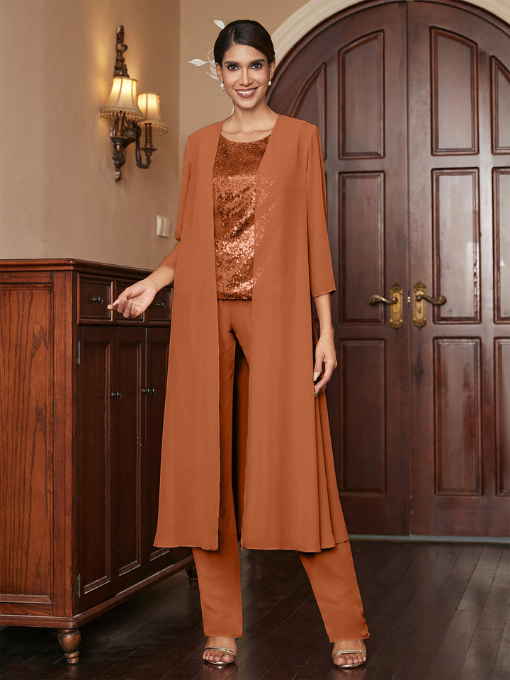 Chiffon Scoop 3/4 Sleeves 3 Pieces Pantsuits with Sequins &amp; Jacket