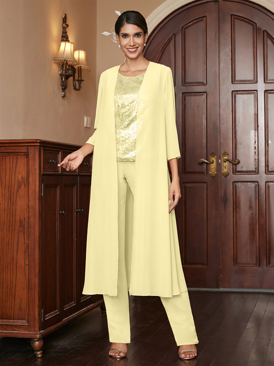 Chiffon Scoop 3/4 Sleeves 3 Pieces Pantsuits with Sequins &amp; Jacket