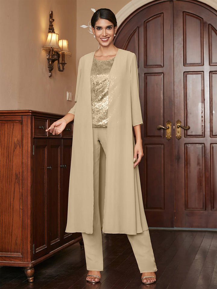 Chiffon Scoop 3/4 Sleeves 3 Pieces Pantsuits with Sequins &amp; Jacket