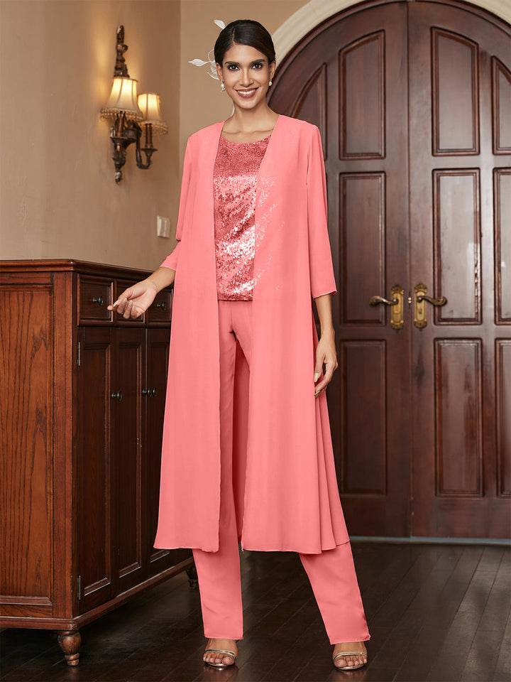 Chiffon Scoop 3/4 Sleeves 3 Pieces Pantsuits with Sequins &amp; Jacket