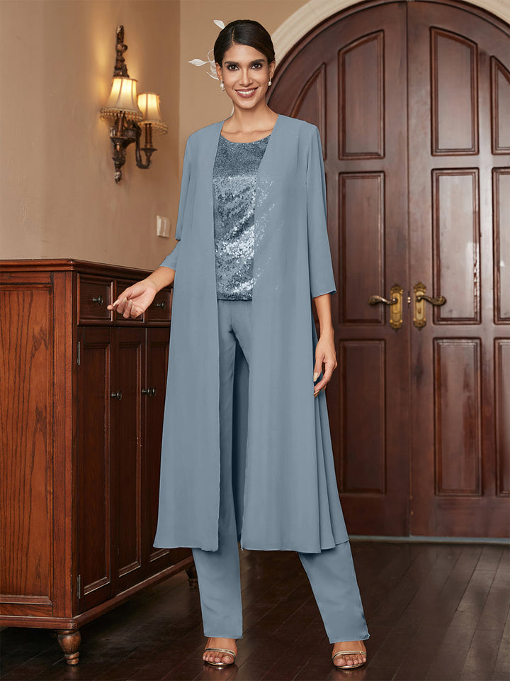 Chiffon Scoop 3/4 Sleeves 3 Pieces Pantsuits with Sequins &amp; Jacket
