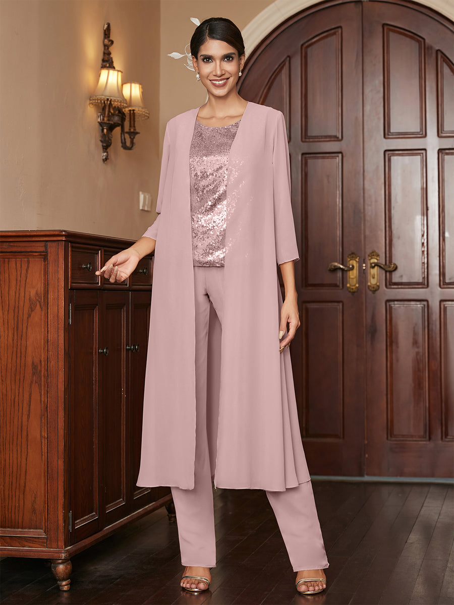 Chiffon Scoop 3/4 Sleeves 3 Pieces Pantsuits with Sequins &amp; Jacket