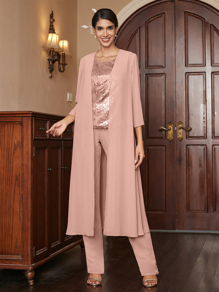 Chiffon Scoop 3/4 Sleeves 3 Pieces Pantsuits with Sequins &amp; Jacket