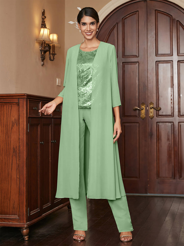 Chiffon Scoop 3/4 Sleeves 3 Pieces Pantsuits with Sequins &amp; Jacket