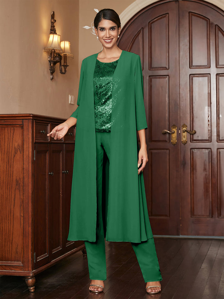 Chiffon Scoop 3/4 Sleeves 3 Pieces Pantsuits with Sequins &amp; Jacket