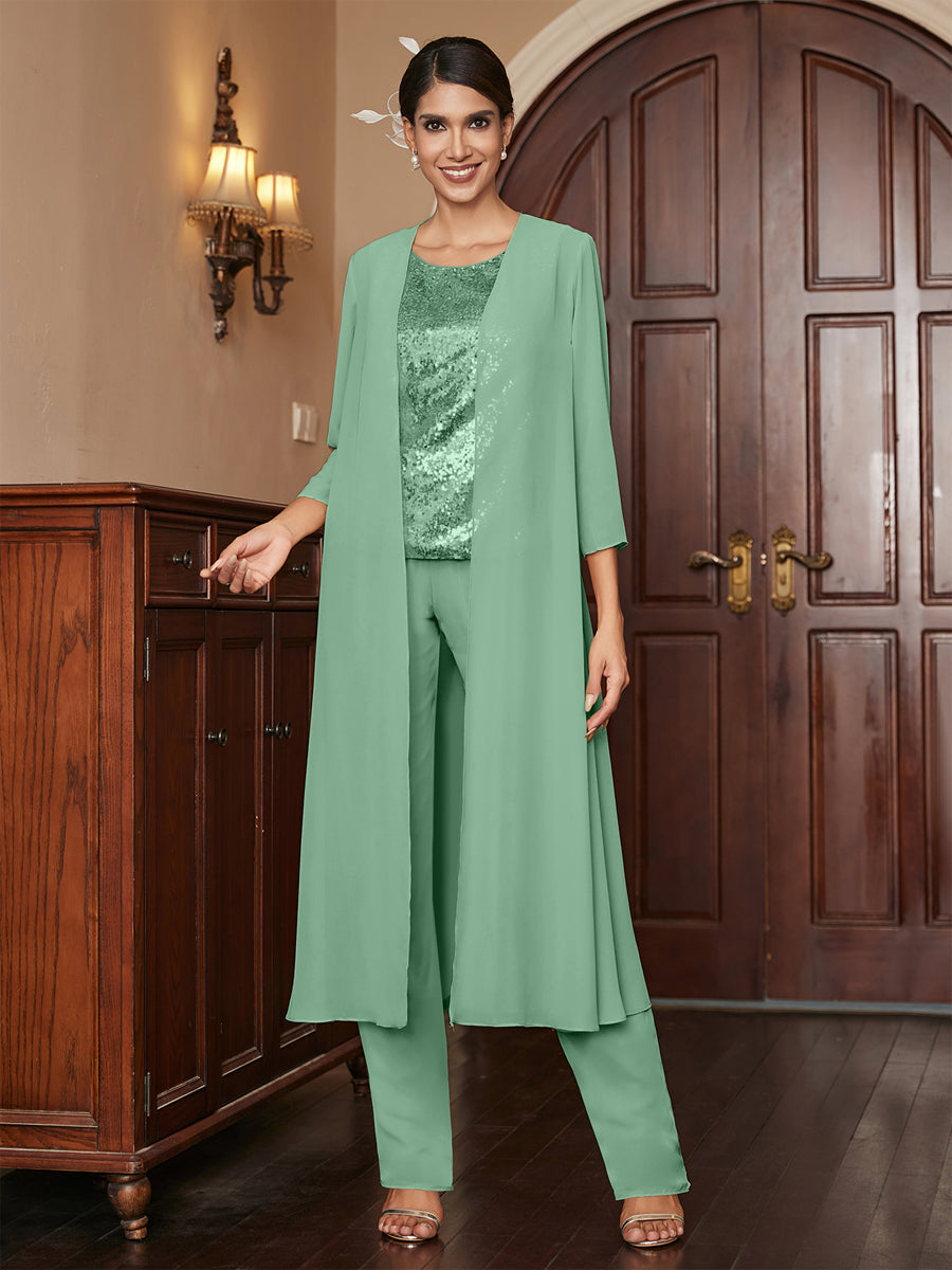 Chiffon Scoop 3/4 Sleeves 3 Pieces Pantsuits with Sequins &amp; Jacket