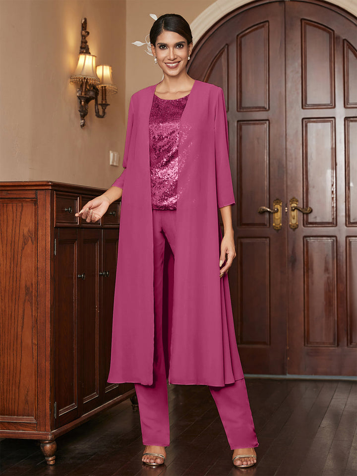 Chiffon Scoop 3/4 Sleeves 3 Pieces Pantsuits with Sequins &amp; Jacket