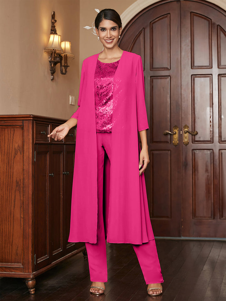 Chiffon Scoop 3/4 Sleeves 3 Pieces Pantsuits with Sequins &amp; Jacket