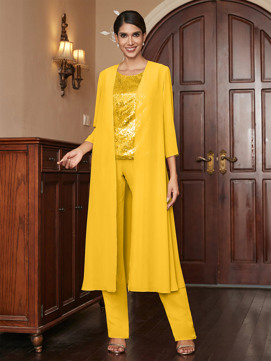 Chiffon Scoop 3/4 Sleeves 3 Pieces Pantsuits with Sequins &amp; Jacket